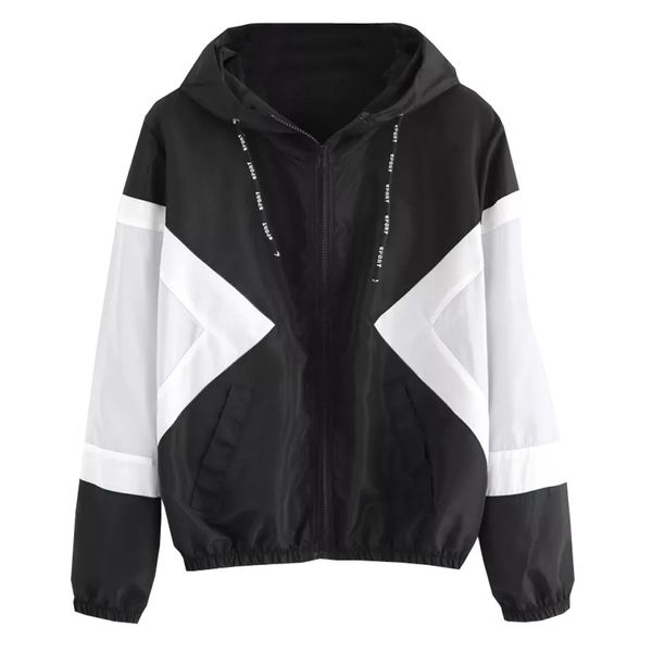

jacket blouse women long sleeve patchwork thin skinsuits hooded zipper pockets sport coat outdoor zipper coat autumn female, Black;red