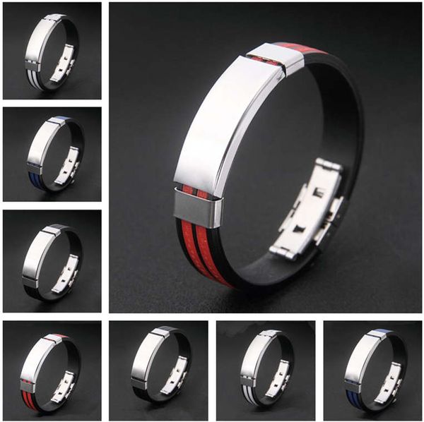 

men's double key pattern widened light plate silicone stainless steel bracelet dhb370 id, identification jewelry bracelet, Black