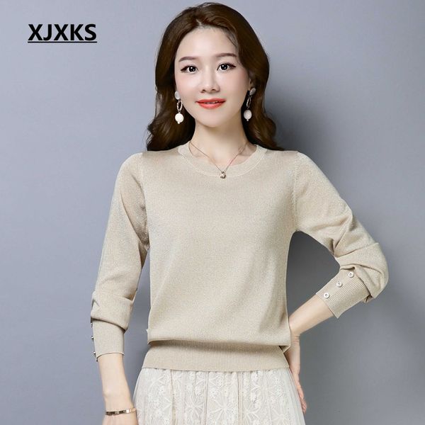 

xjxks 2019 ice silk sweater women loose korean spring new wild long-sleeved pullover bright silk shirt solid color sweater, White;black