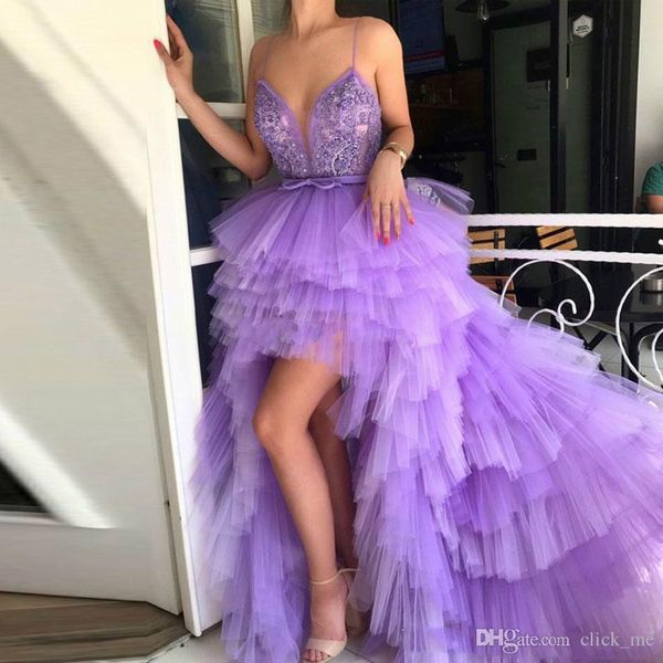 

light purple high low prom dresses with spaghetti straps tiered cake skirt cocktail party dress sash appliques homecoming evening gowns, Black