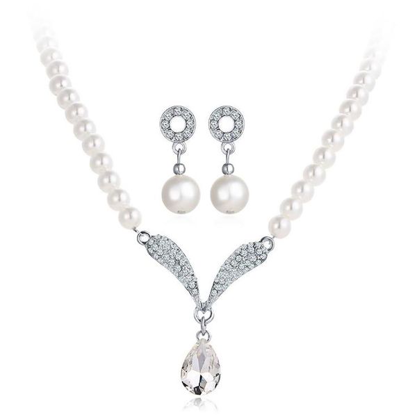 

women fashion jewelry set faux pearls pendant party, wedding, birthday, anniversary necklace stud earrings set, Silver
