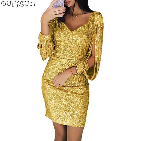 

Oufisun Sexy V-neck Long Sleeve Women's Dress 2019 New Fashion Club Slim Sequin Dresses Emprie Sheath Solid Tassel Mini Dress