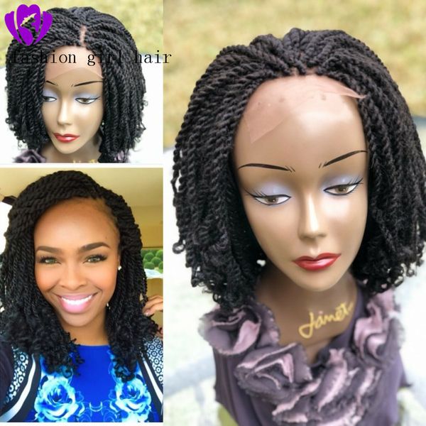 

fashion short braided wigs for black women cornrow braids wigs synthetic lace front wig with baby hair short twist wig with curly tips, Black;brown