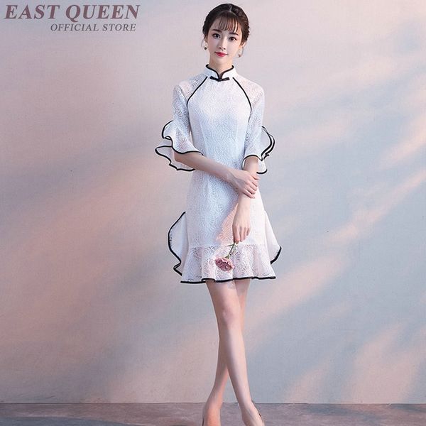 

qipao oriental modern cheongsam women gown ruffles cuff elegance above knee length vintage femme mid sleeve bodycon 3776 y a, Red