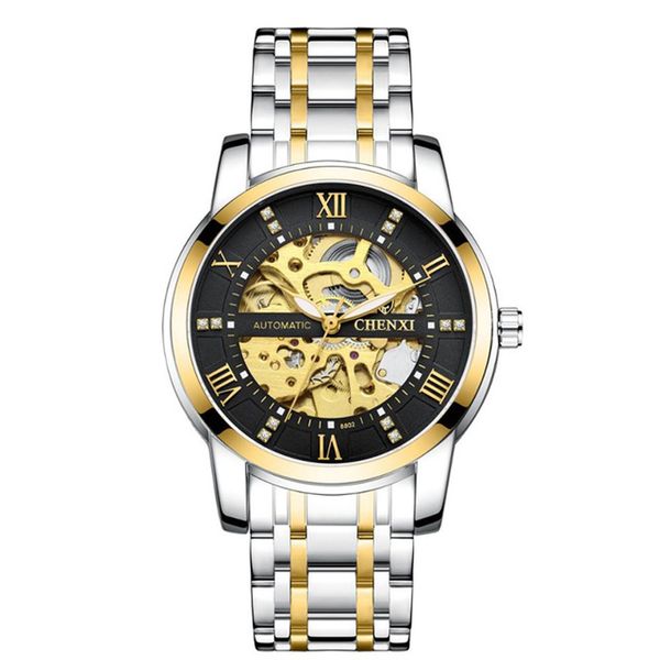 CHENXI Goldenes Zifferblatt, automatische mechanische Herrenuhren, wasserdichtes Edelstahlarmband, runde Tourbillon-Armbanduhr