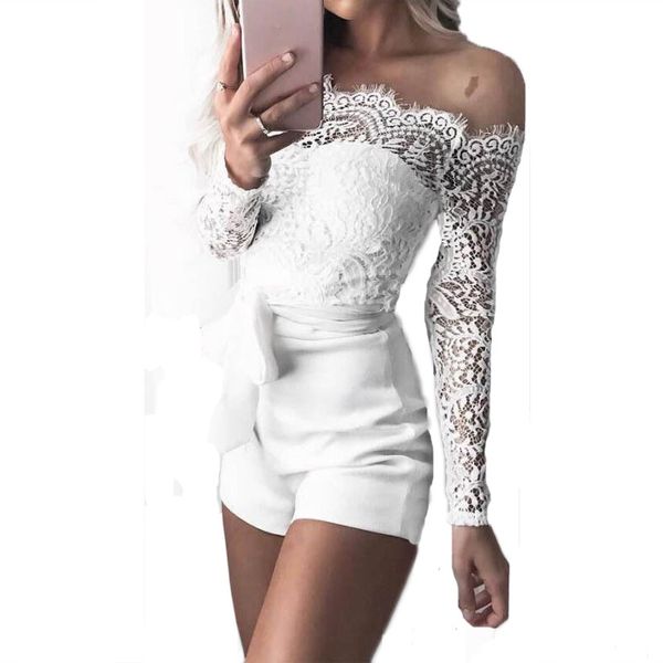 

women ladies summer autumn off shoulder playsuits fashion long sleeve sheer lace patchwork hollow bandage skinny playsuits, Black;white