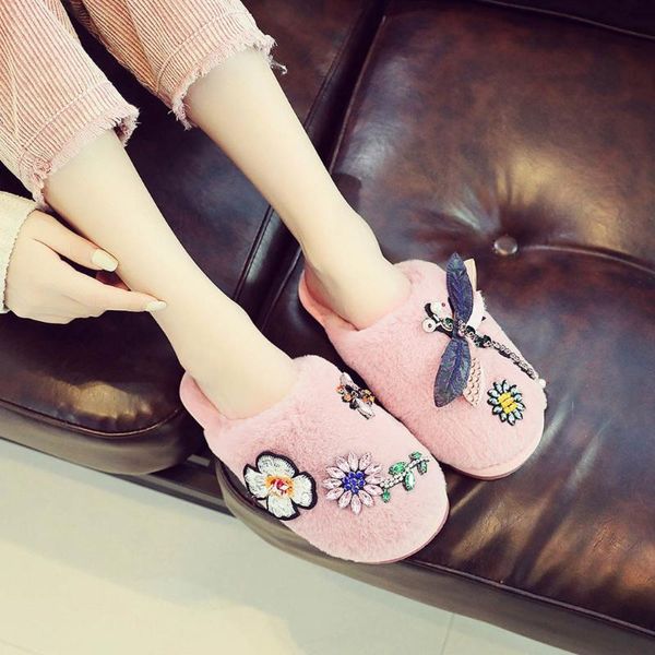 

indoor warm women slippers cute winter fur home shoe female girl nonslip memory foam cotton house slippers #3, Black