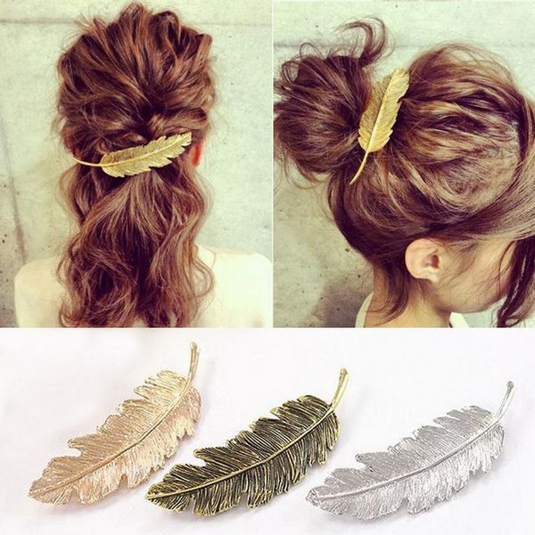 Female Gold Silver Clip Feuille Feather Hair Hairpin Barrette