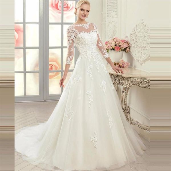 

three quarter sleeve lace applique wedding dresses see through a-line buttons back bridal dress robe de soiree longue 2020 new, White