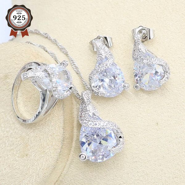 

925 silver wedding jewelry set for women white cubic zircon bracelet stud earrings necklace pendant ring gift box