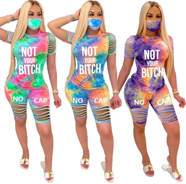 

designer summer short 2 two piece outfits tie dye set casual tracksuit with face mask women clothes short sleeve t-shirt suits, Gray