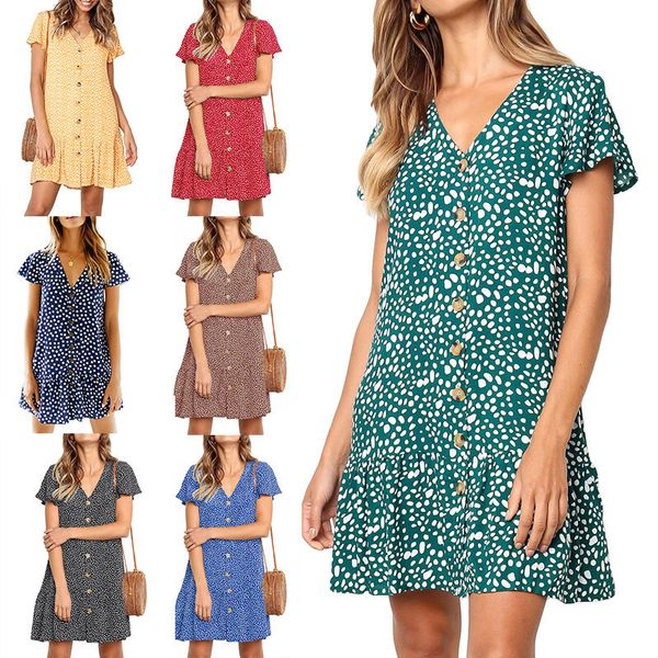 

oumeiyamaxun button dress 2020 summer raindrop printing short sleeve loose lotus leaf sell short skirt, Black;gray