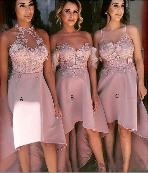 

three style high low bridesmaid dresses for wedding lace appliques and satin maid of honor gowns halter spaghetti bridesmaid dress, White;pink