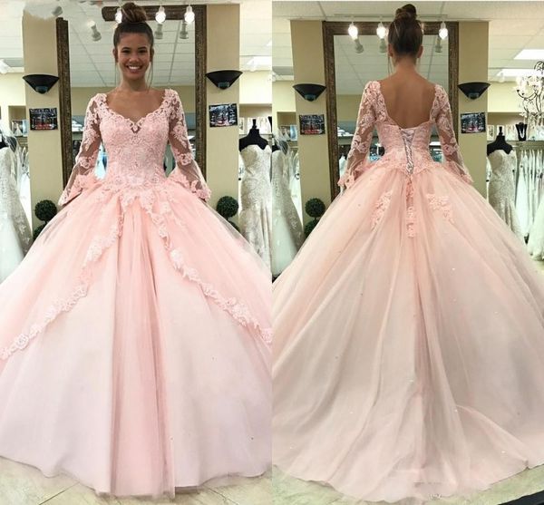 

розовый бальное платье quinceanera платья 2020 v шеи с длинными рукавами backless top кружева пром платья сладкий 16 день рождения платье пл, Blue;red