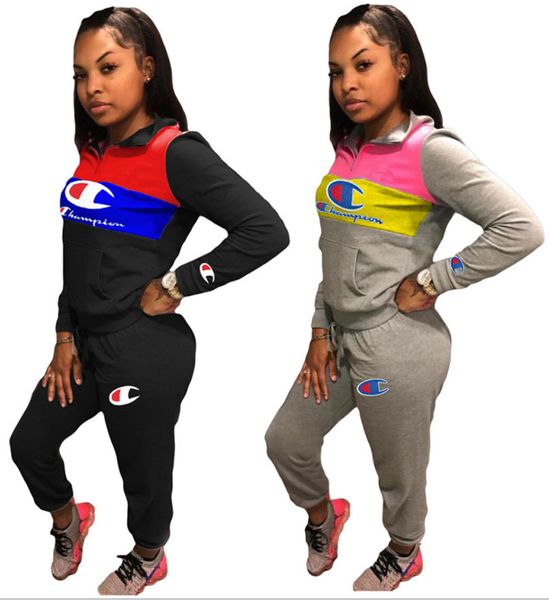 

champions 2 piece set brand tracksuit sportswear tshirt pants sweatsuit leggings hoodies outfits pullover bodysuits fall winter clothes 1274, White
