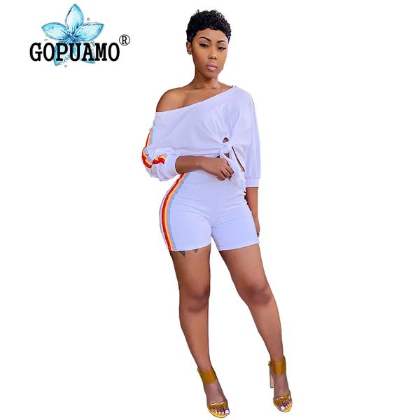 

rainbow striped two piece sweat suit women one shoulder 3/4 sleeve crop fitness pants casual 2pcs club outfit tracksuit, White