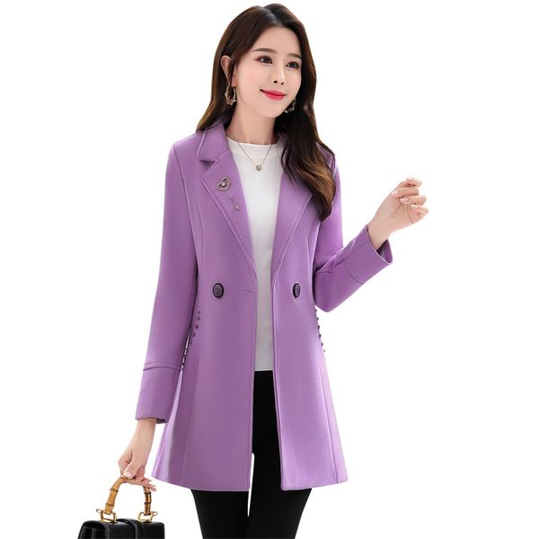 

women woolen coat spring winter long-sleeved double-breasted suit collar large size slim woolen coat fashion mother dress jacket, Black