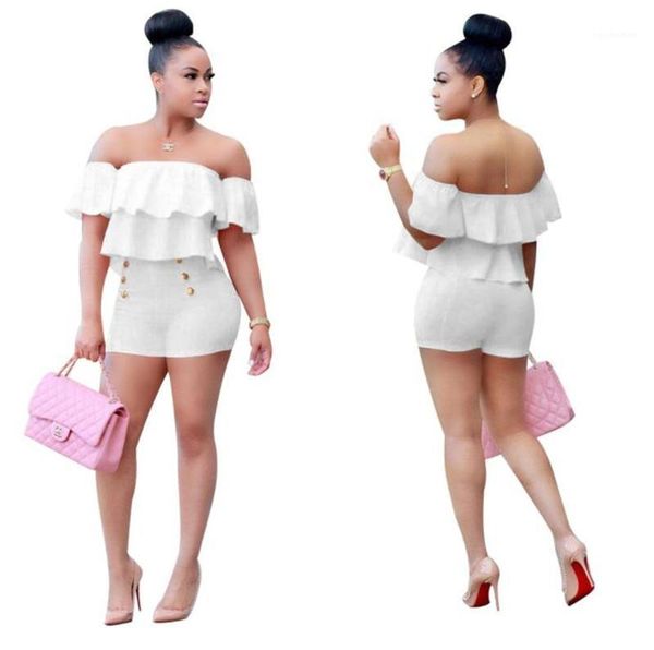 

womens 2pcs sets summer high waist shorts womens casual sets solid color ladies clothing pleated ruffle sleeve, White