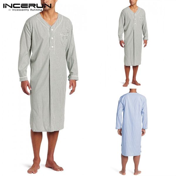 

incerun men sleep robes man fashion striped v neck long sleeve button pajama bathrobes pockets leisure casual homewear plus size, Black;brown