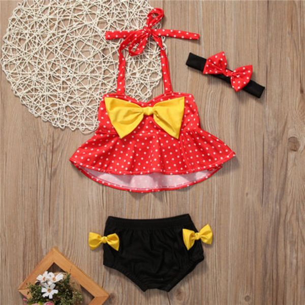 

3pcs 2019 kids baby girl polka dot tankini bikini set bow cartoon swimsuit bathing suit beachwear two piece suits
