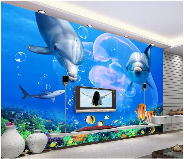 

3d wallpaper custom p mural dolphin shark underwater world tv background living room home decor 3d wall murals wallpaper for walls 3 d