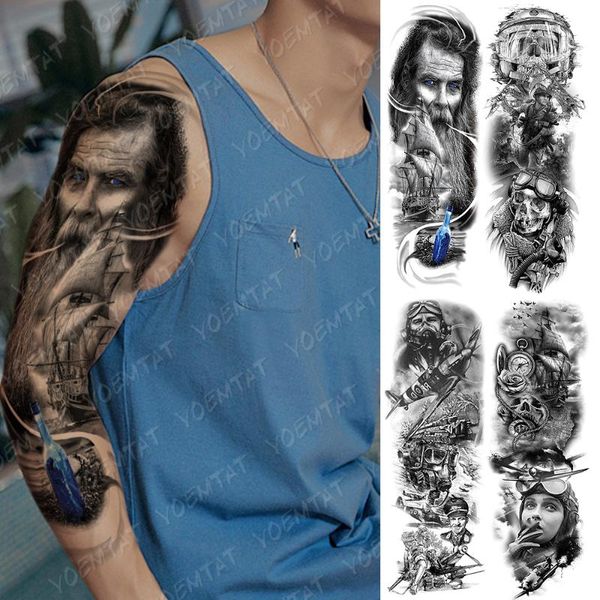

large arm sleeve tattoo drift bottle sailing waterproof temporary tatto sticker airplane soldier pilot body art full fake tatoo