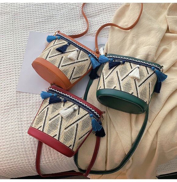 

2019 new fashion women straw bag rattan woven handbag purse tassel crossbody beach summer tote bolsa feminina