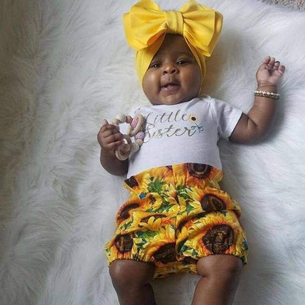 

3Pcs Girls Summer Cotton Clothes Set Casual Newborn Baby Girls Short Sleeve Tops Romper Sunflower Print Headband Outfits Clothes