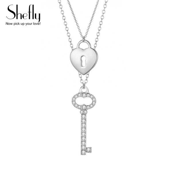 

fashion silver color crystal lock key pendant necklace for women multi layered necklace heart padlock choker charm femme jewelry