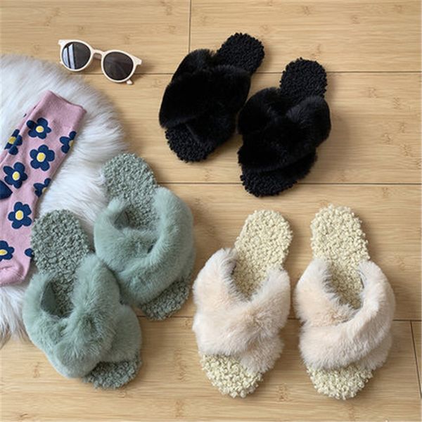 

winter women cross belt indoor slippers home shoes fur slippers warm shoes woman house ladies slip on flats eu 35-40, Black
