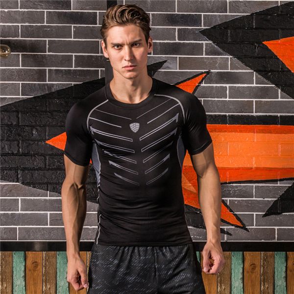

black gym t-shirts tights shorts sleeve high elastic tees men's compression shirt fitness quick dry crossfit sports t shirt, Black;blue
