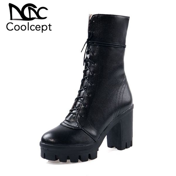 

coolcept women half short boots 2020 winter cross strap high heels white boots casual warm fur platform footwear size 34-43, Black