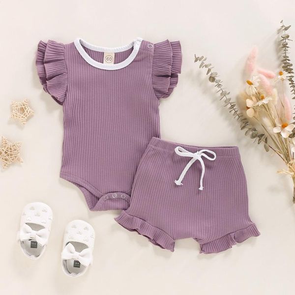

2020 baby summer clothing infant baby girl floral clothes ribbed knitted ruffles romper + solid shorts sunsuit outfits, White