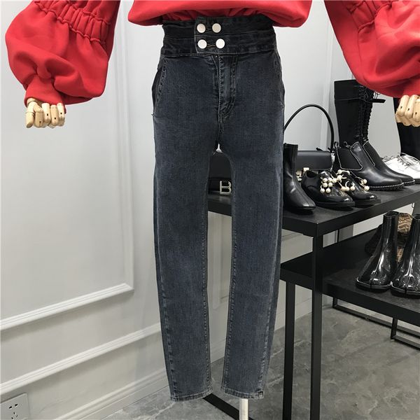 

double row buckle jeans woman fall winter new slim high waist jeans denim pants girls ladies all-match trousers feminina, Blue
