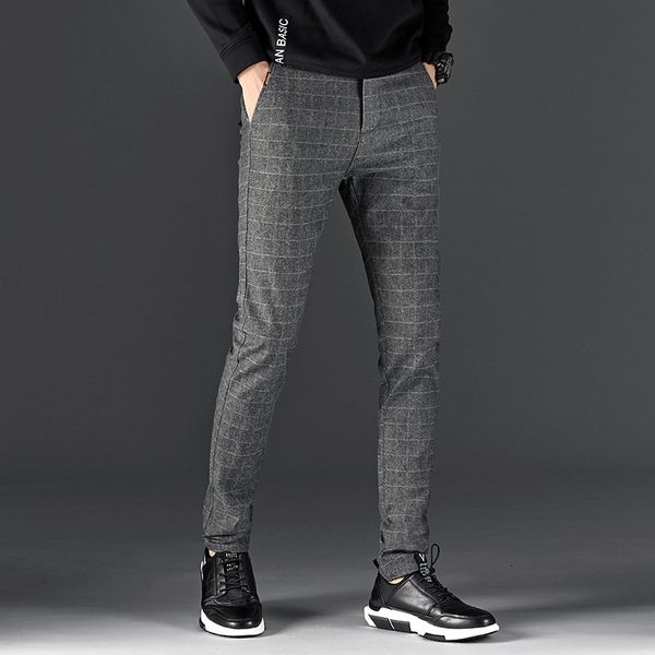 

helisopus men's plaid casual pants korean business slim trousers spring and autumn new pants grey black casual for men