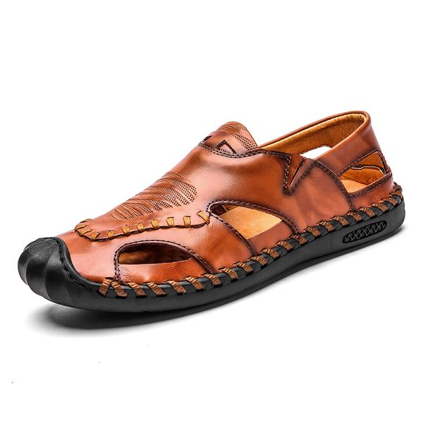 

summer leather sandals men outdoor beach sandals comfortable fashion mens breathable rubber flip flops shoes 2019 large sizes y200702, Black