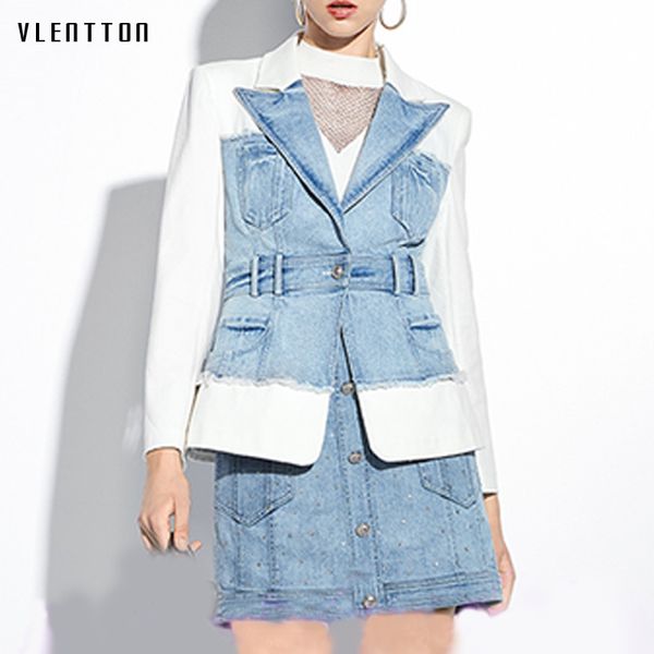 

2020 spring autumn denim patchwork women's blazer jacket lion button slim coat female office lady blazers mujer, White;black