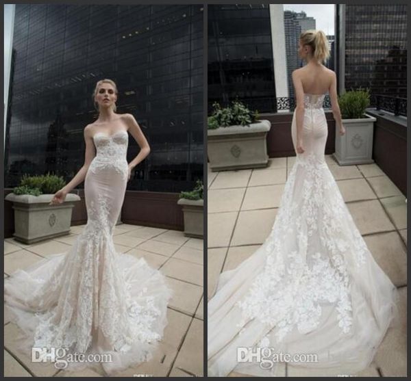 2019 New Beach Abiti da sposa a sirena in pizzo Sweetheart Berta Inbal Dror Abiti da sposa senza schienale Applique Lungo treno Tromba Abiti da sposa 1354