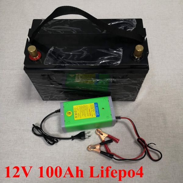 

12v 100ah lifepo4 battery waterproof with bms for golf carts campers power supply ev solar storage motorhomes + 10a charger