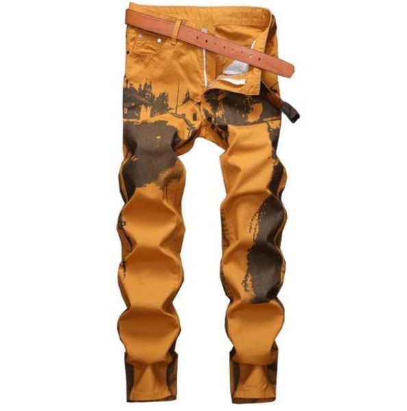 

designer mens jeans american trend street stretch printing fashion locomotive jeans personality nightclub casual pants for men, Blue