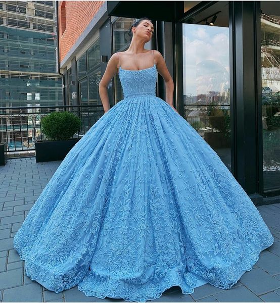 2020 Applikationen blaues Ballkleid-Abschlussballkleid, Spaghetti-Spitze, bodenlang, wunderschöne Abendkleider, nach Maß, kostenloses Petticoat-Partykleid