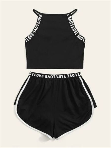 

fashion women's sleeveless yoga set fitness loose suit sling t-shirt + stretch shorts outfits casual women sport set tracksuit, White;red