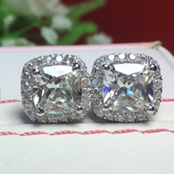 

fabulous 3ct/piece cushion shape halo pure 14k white gold earring forever brilliant simulate diamond stud earrings, Golden;silver
