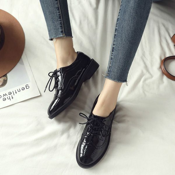 

women fashion patent leather lace up shoes female korean brock flat shoes, Black