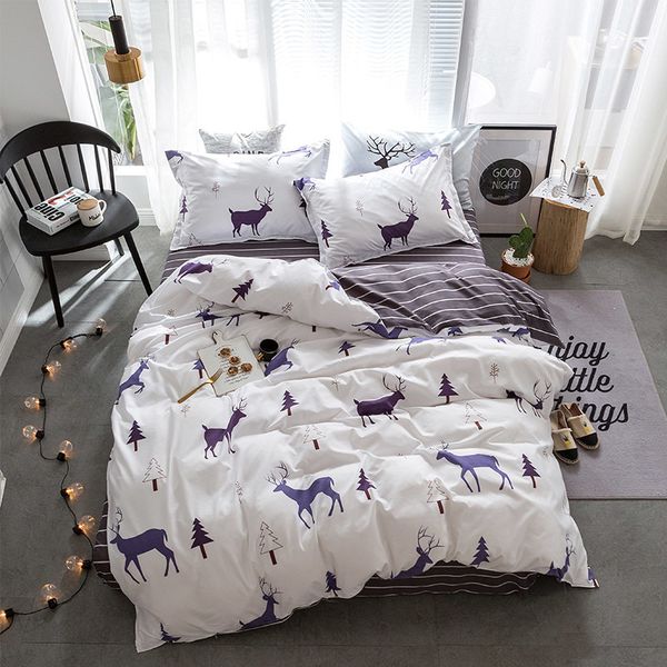

cute cartoon deer bedding sets elk and christmas tree pattern duvet cover striped bed sheet pillowcases birthday gift 3/4pcs