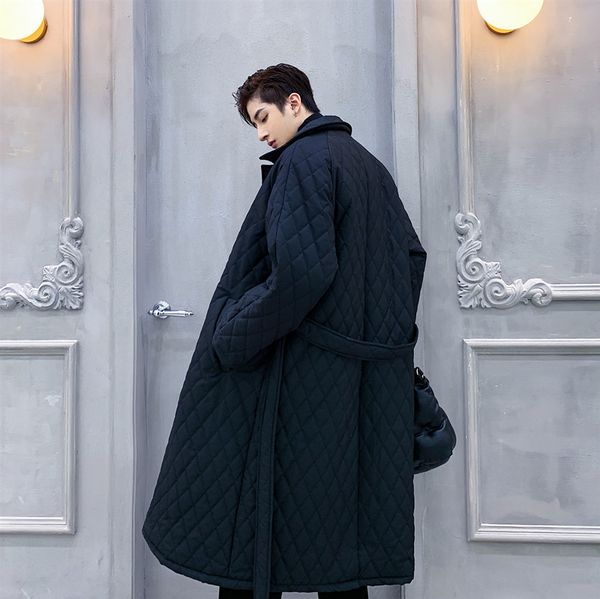 

men vintage parka male japan harajuku streetwear coat overcoat plaid outerwear winter loose cotton padded long jacket, Black