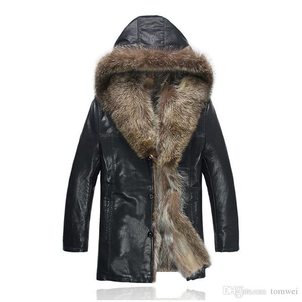 

mens fur coat leather jackets hooded natural raccoon fur shearling overcoat snow outwear windbreaker waterproof larger size 5xl high quality, Black