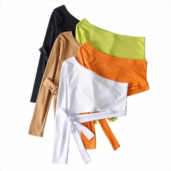 

2019 autumn one-line collar navel slim tie shoulder 2019 t-shirt autumn women's one-line collar navel slim tie shoulder women's t, White