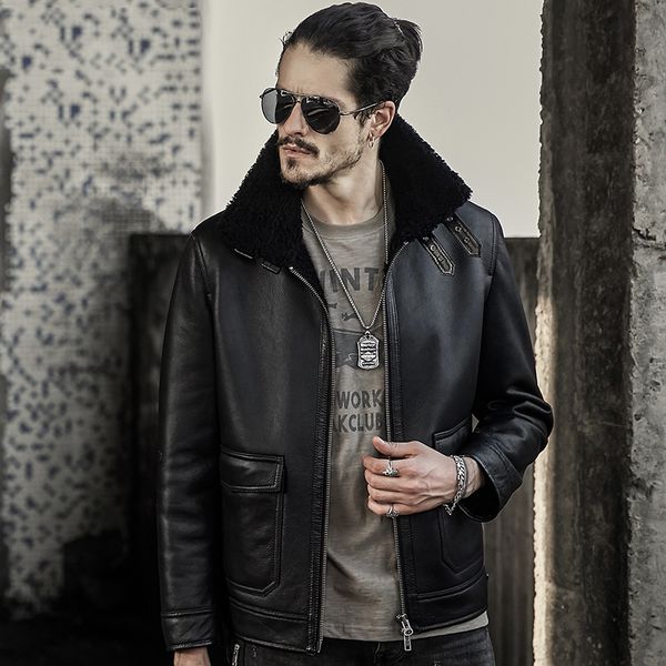 

mens b3 sheepskin shearling jacket motorcycle jacket travel casual coat winter leather, Black