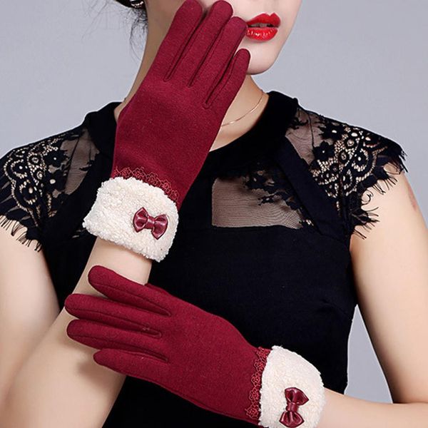 

women winter gloves screen sensor fittness with leather bow lace elegant warm mittens fashion female sensor guantes, Blue;gray